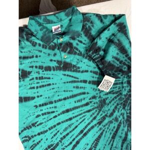 Vintage Anvil Tie Dye Polo Shirt Mens XL Teal Black Spiral Psychedelic